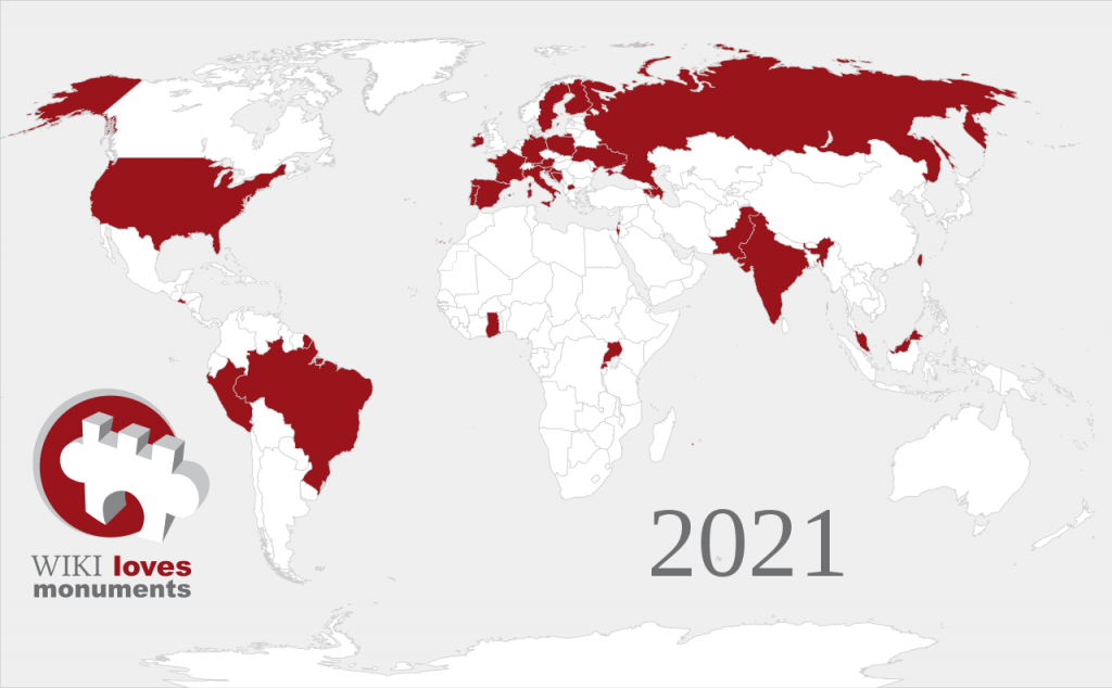 Παγκόσμιος χάρτης με τις 42 χώρες που συμμετέχουν στο Wiki Loves Monuments το 2021